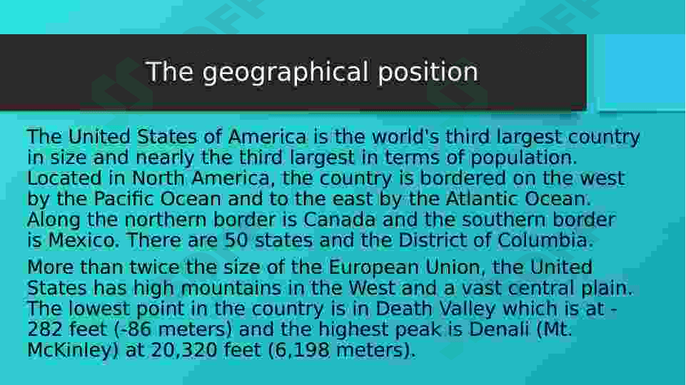 AQSh ning geografik joylashuvi, demografik xolatlari va tabiat resurslari xaqida. | The geographical position, demographic cases and nature resourses of the USA. 2