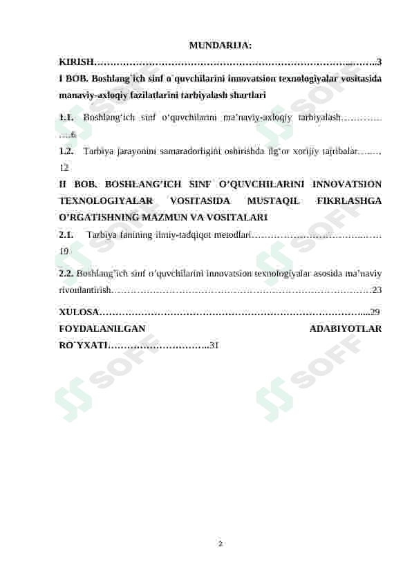 BOSHLANG'ICH SINF O'QUVCHILARINI INNOVATSIYON TEXNALOGIYALAR VOSITASIDA MA'NAVIY-AXLOQIY FAZILATLARINI TARBIYALASH YO'LLARI kurs ishi 2