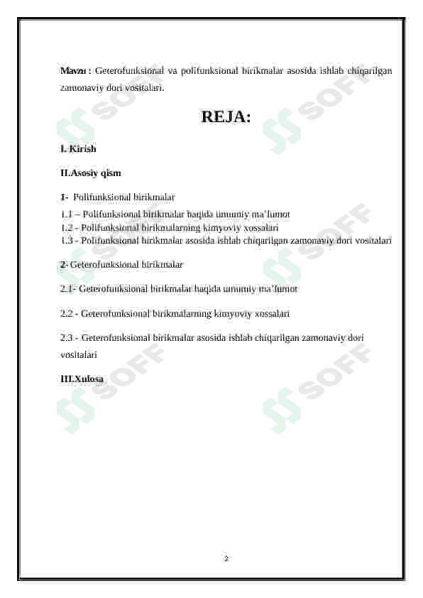 Geterofunksional va polifunksional birikmalar asosida ishlab chiqarilgan zamonaviy dori vositalari 2