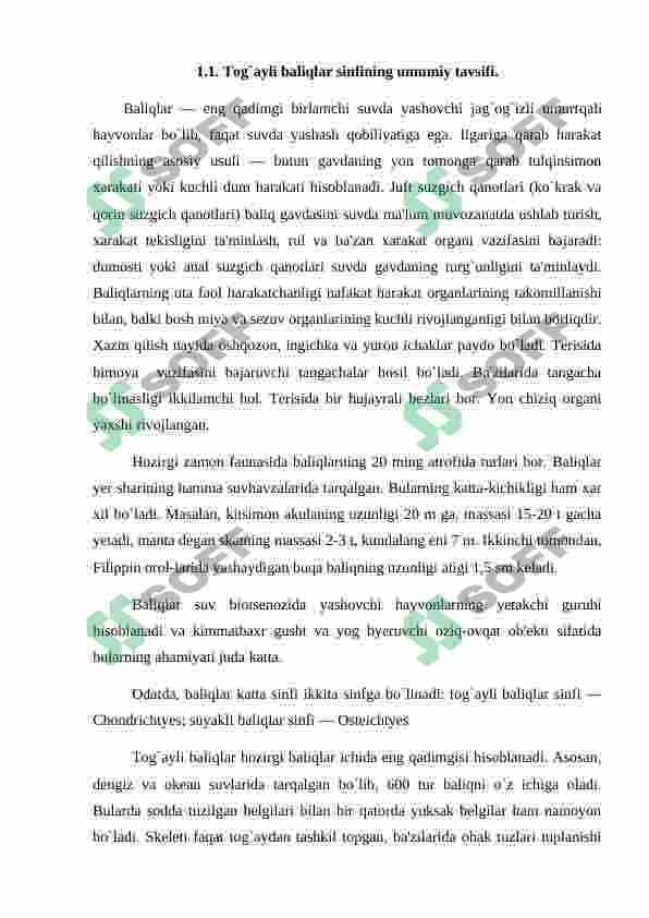 Baliqlar katta sinfining umumiy tavsifi va sistematikasi. Tog'ayli baliqlar sinfi vakillarining tuzilishi, ko'payishi va rivojlanishi. 2