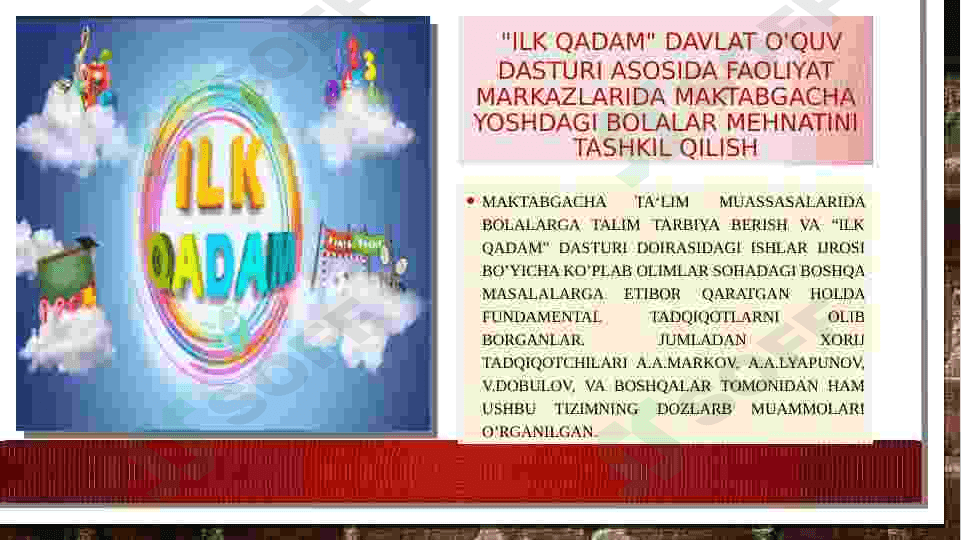 "Ilk qadam" davlat o'quv dasturi asosida faoliyat markazlarida maktabgacha yoshdagi bolalar mehnatini tashkil qilish. 2