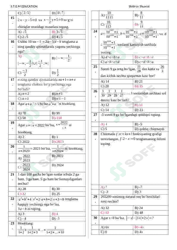 Matematikadan abituriyentlarni sinov qilish uchun test (Word file) TUSHISH EHTIMOLI BOR 2