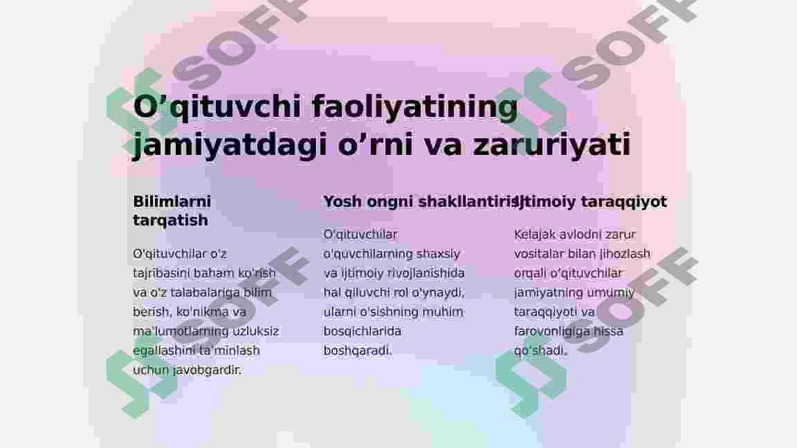 Pedagoglik kasbining ijtimoiy qadri, jamiyatda pedagog faoliyatining o‘rni va zaruriyati. 2