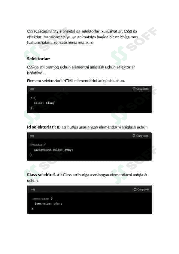 CSS da selektorlar.  CSS xususiyatlari.  CSS3 da effektlar, transformatsiya, animatsiya 2