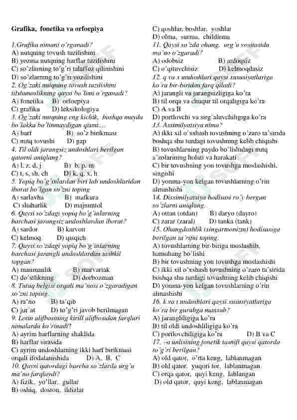 Ona tili fanidan testlar to'plami 2