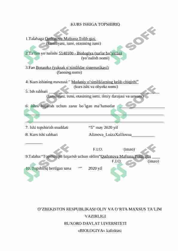 Qoqioʻtdoshlar oilasi botanika kurs ishi 2