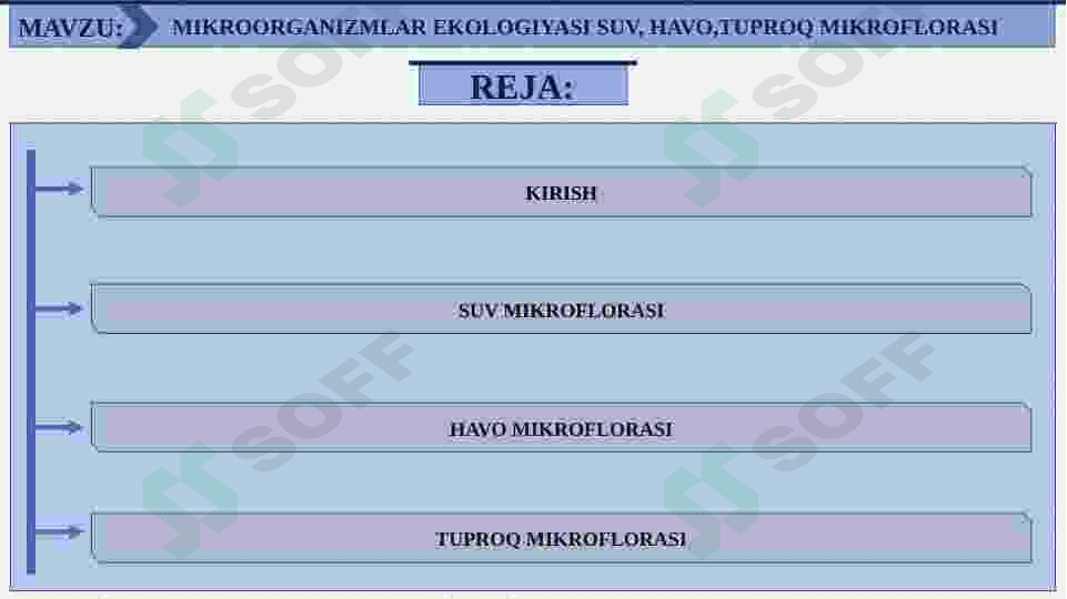 MIKROORGANIZMLAR EKOLOGIYASISUV, HAVO,TUPROQ MIKROFLORASI 2