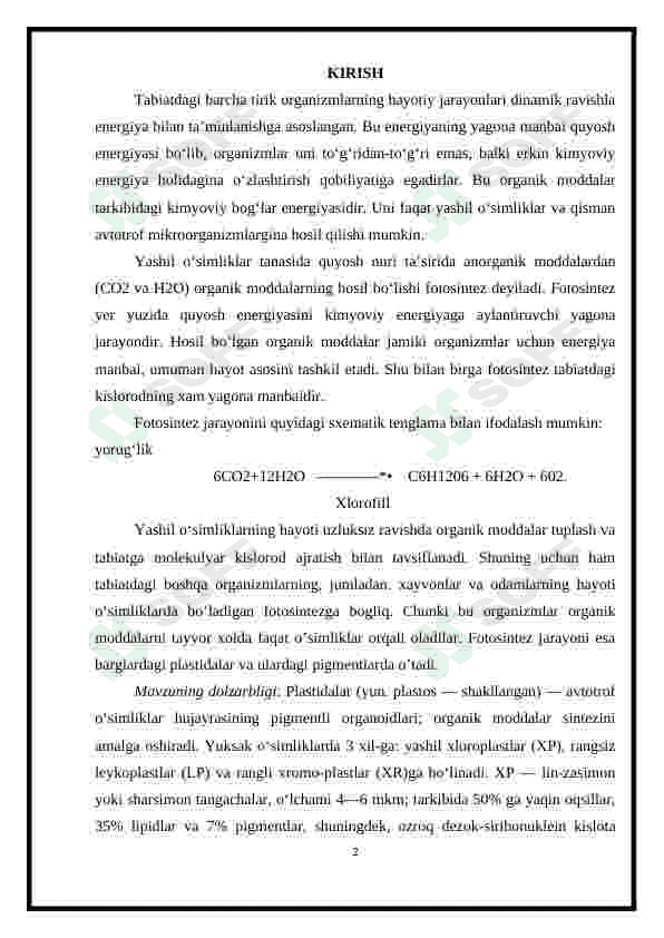 Plastida pigmentlari va ularni fotosintezdagi roli 2