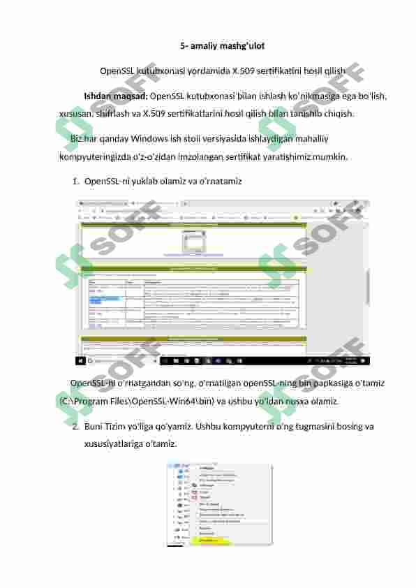 OpenSSL kutubxonasi yordamida X.509 sertifikatini hosil qilish. Windows OT da VPN tarmog‘ini sozlash. SSH protokolining tahlili 2