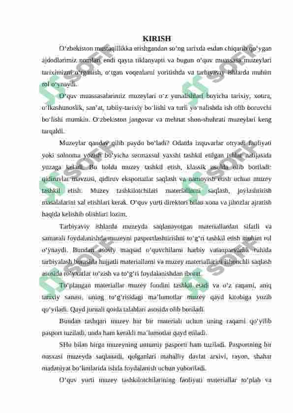 Muzeylarni tashkillashda CHQBT raxbarining vazifalari 2