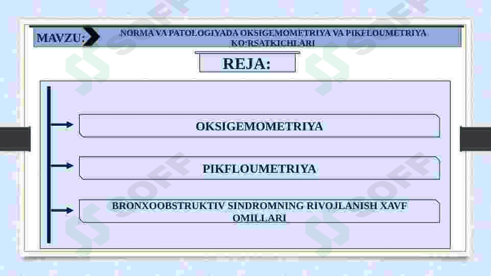 NORMA VA PATOLOGIYADA OKSIGEMOMETRIYA VA PIKFLOUMETRIYA KO‘RSATKICHLARI. BRONXOOBSTRUKTIV SINDROMNING RIVOJLANISH XAVF OMILLARI. 2