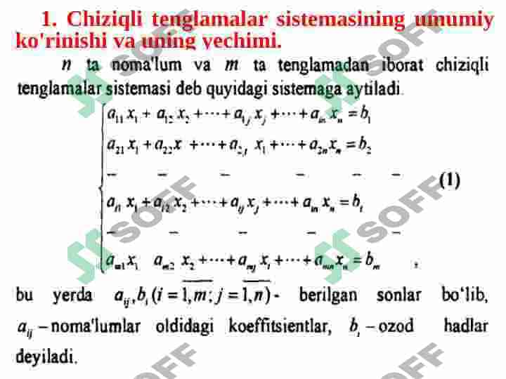 Umumiy ko'rinishdagi chiziqli tenglamalar sistemasini yechish. Bir jinsli chiziqli tenglamalar sistemasi. Chiziqli tenglamalar sistemasining iqtisodiy tadbiqlari. Leont’evning tarmoqlararo balans modeli. 2
