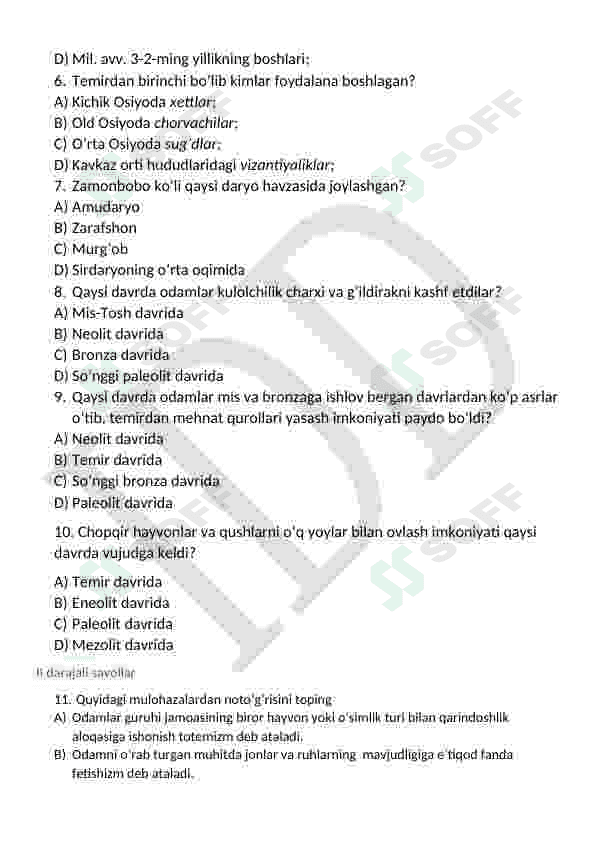 Tarix 6-sinf test 2