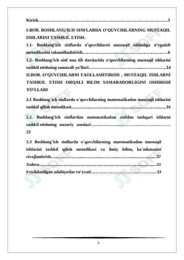 Boshlang'ich sinflarda o'quvchilarning mustaqil ishlarini tashkil etish va ta'limdagi ahamiyati kurs ishi 2