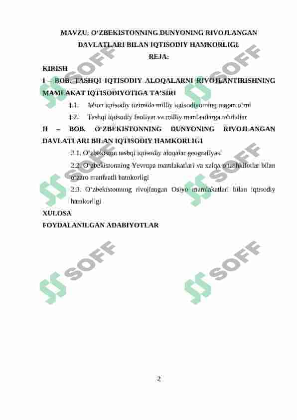 O‘ZBEKISTONNING DUNYONING RIVOJLANGAN DAVLATLARI BILAN IQTISODIY HAMKORLIGI. 2