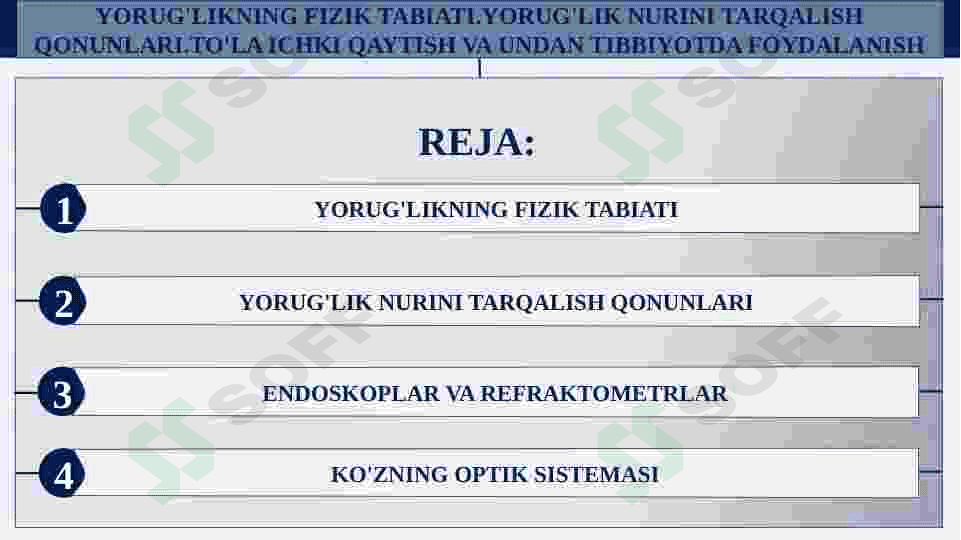 YORUG'LIKNING FIZIK TABIATI.YORUG'LIK NURINI TARQALISH QONUNLARI.TO'LA ICHKI QAYTISH VA UNDAN TIBBIYOTDA FOYDALANISH.TOLALI OPTIKA. ENDOSKOPLAR VA REFRAKTOMETRLAR.KO'ZNING OPTIK SISTEMASI.KO'Z KAMCHILIKLARI VA UNI BARTARAF ETISH USULLARI 2