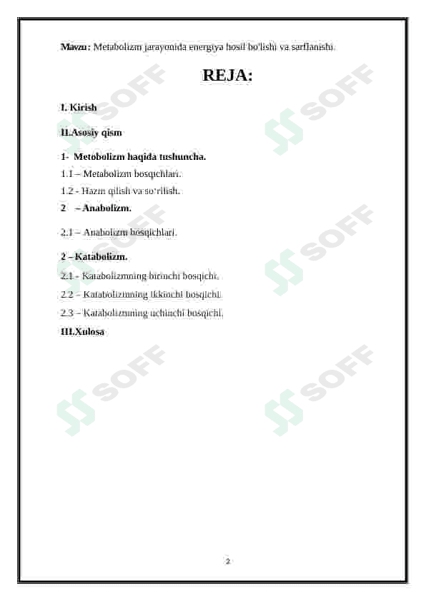 Metabolizm jarayonida energiya hosil bo'lishi va sarflanishi 2
