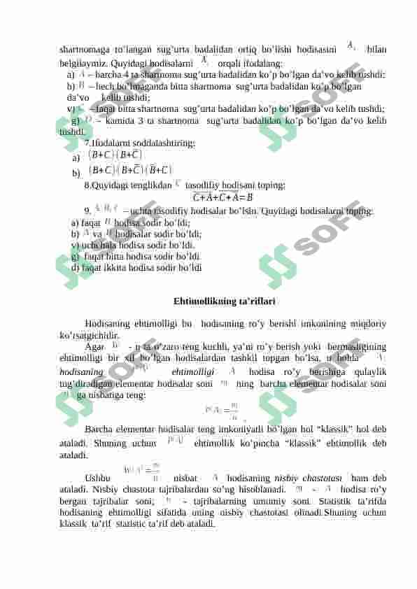 Elementar hodisalar fazosi. Tasodifiy hodisalar ustida amallar. Ehtimollikning ta’riflari 2