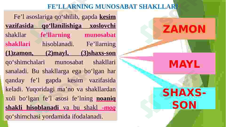 Fe’llarning munosabat shakllari haqida umumiy tushuncha va qo’llanmalar. 2
