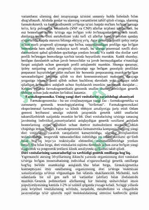 Dori vositalariga inson tanasining sezgirligining genetik asoslari.(Farmakogenomika) 2