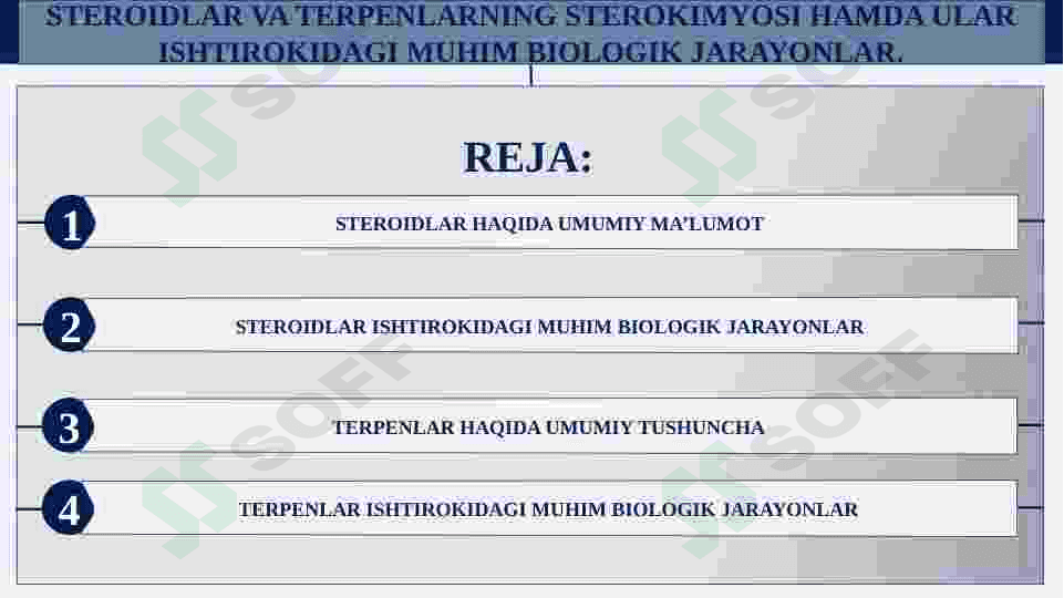 STEROIDLAR VA TERPENLARNING STEROKIMYOSI HAMDA ULAR ISHTIROKIDAGI MUHIM BIOLOGIK JARAYONLAR. 2