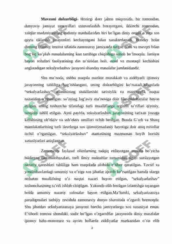 SEKULYARIZATSIYA DINDORLIK RIVOJLANISHINING TENDENSIYALARIDAN BIRI SIFATIDA 2