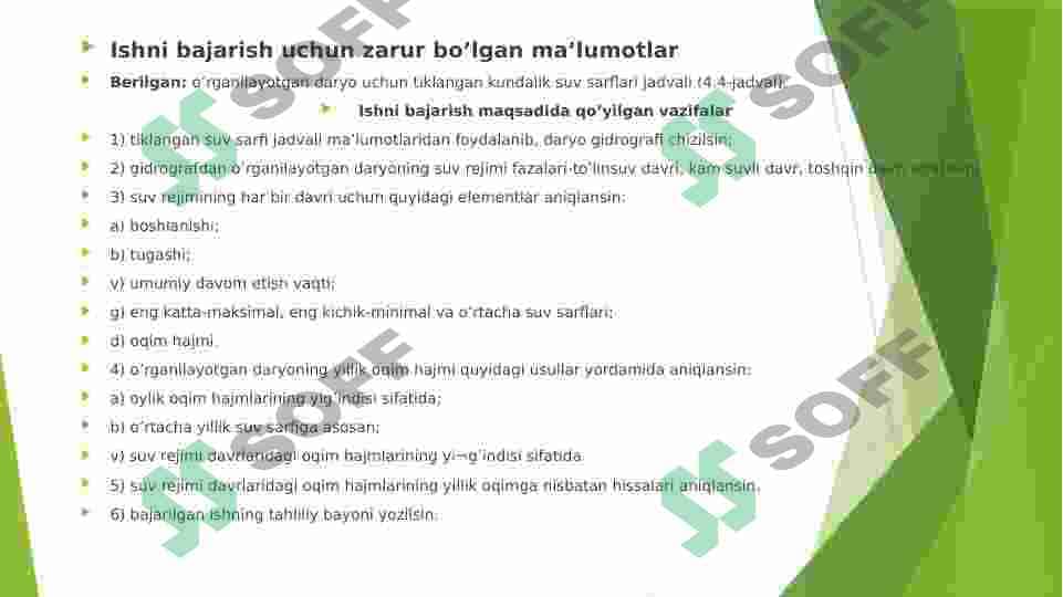 Daryolar suv rejimining davrlari va ularning elementlarini aniqlash  mavzusida amaliy mashg’ulot 2