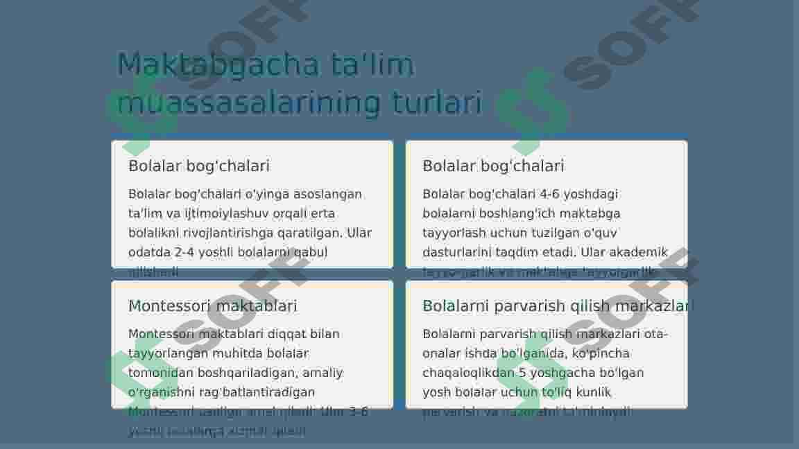 Turli tipdagi  maktabgacha ta’lim tashkilotlari tashkiliy tuzilmasi. 2