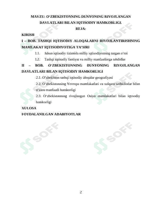 O'ZBEKISTONNING DUNYONING RIVOJLANGAN DAVLATLARI BILAN IQTISODIY HAMKORLIGI. 2