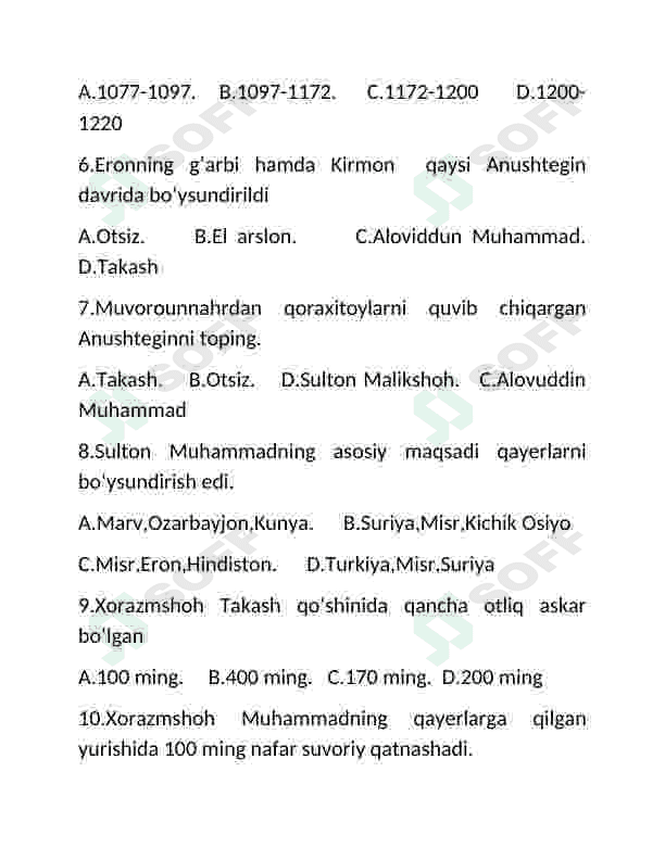 7-sinf anushteginiylar xorazmshohlar mavzulashtirilgan test 2