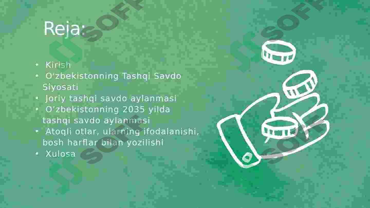 O’zbekistonning “2035 yildagi tashqi savdo aylanmasi”. Atoqli otlar, ularning ifodalanishi, bosh harflar bilan yozilishi 2