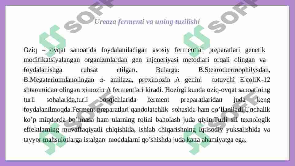 Ureaza fermentining oziq-ovqat sanoatida qo’llanilishi 2