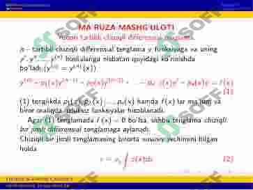 Yuqori tartibli chiziqli differensial tenglamalar. Ostrogradskiy-Liuvill formulasi 2
