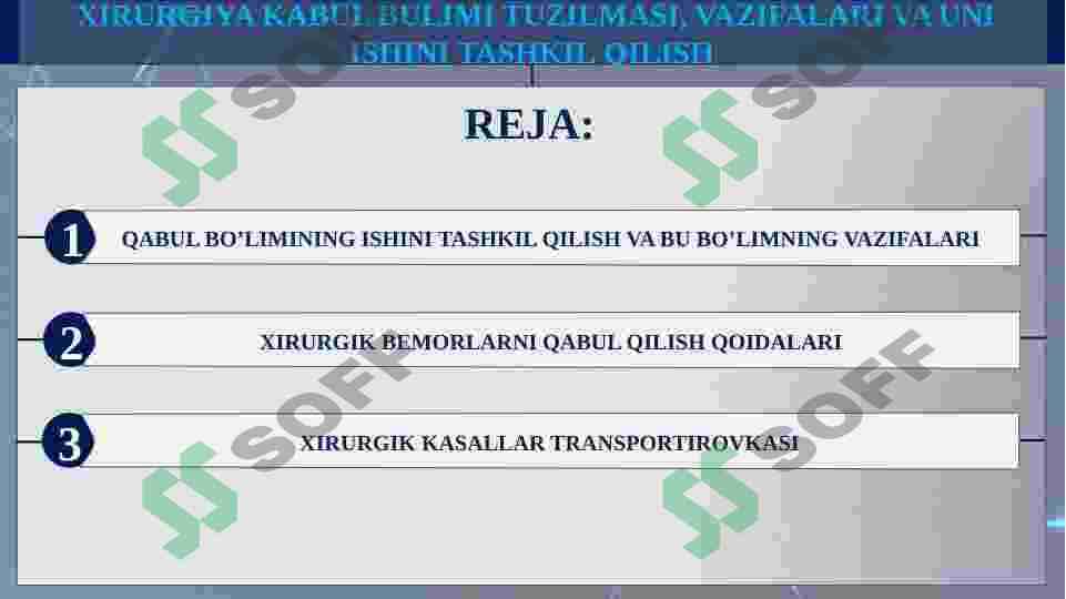 XIRURGIYA QABUL BULIMI TUZILMASI, VAZIFALARI VA UNI ISHINI TASHKIL QILISH 2