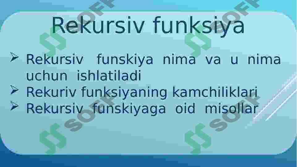 Dasturlash asoslari fani, C++ dasturlash tilidan taqdimot. Rekursiv funksiya mavzusi 2