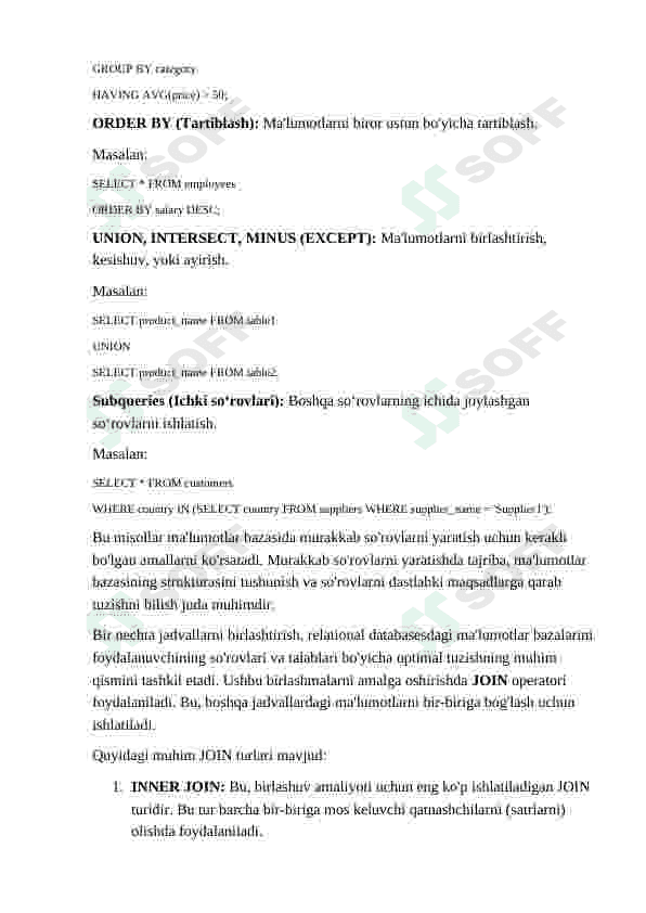 Murakkab so‘rovlar yaratish. Bir nechta jadvallar birlashtirish, «JOIN» lar bilan ishlash. ma`lumotlar bazasi 2