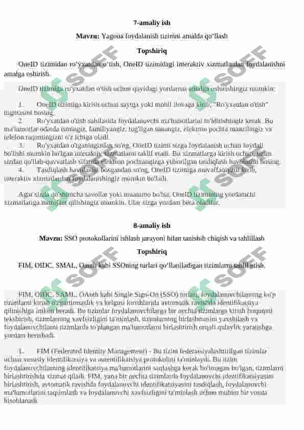 Yagona foydalanish tizimni amalda qo‘llash. SSO protokollarini ishlash jarayoni bilan tanishib chiqish va tahlillash. Foydalanishlarni boshqarish formal modellarining grafik tahlilini amalga oshirish 2