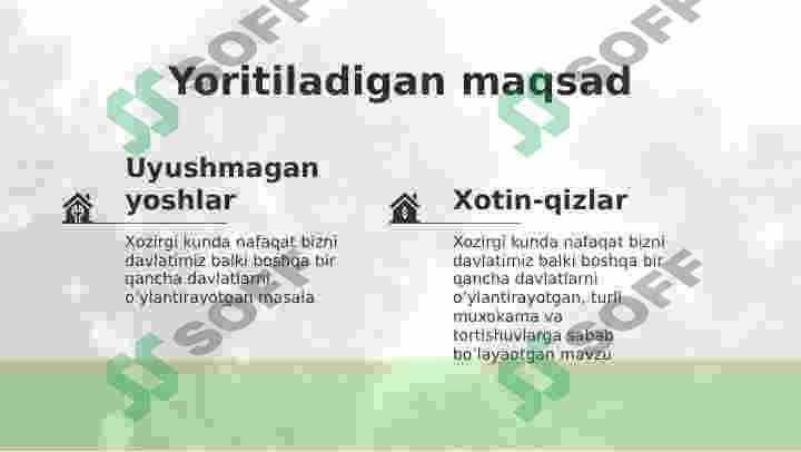 Uyushmagan yoshlarni mehnat bozorida raqobatdosh kasb-hunarlarga o’qitish va xotin- qizlar tadbirkorligini rivojlantirish 2