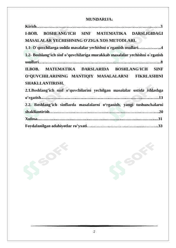 Boshlang'ich sinf matematika darsligidagi masalalar yechishning o'ziga xos xususiyati kurs ishi 2