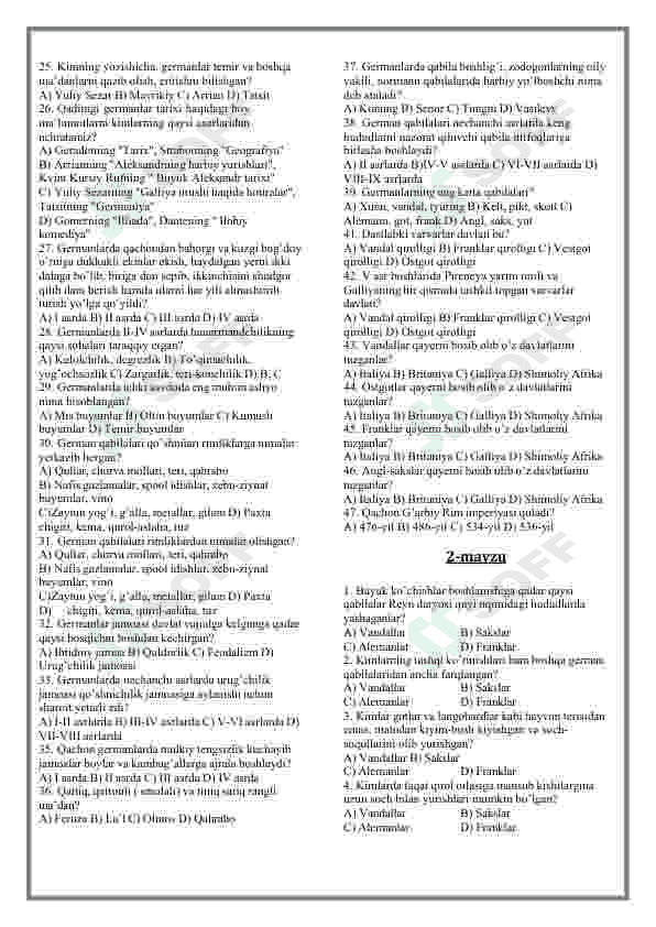 Jahon tarixi fanidan mavzulashtirilgan testlar / 7-sinf 2