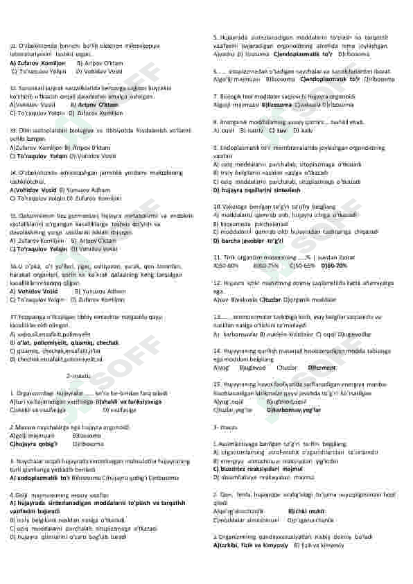 Biologiya fanidan mavzulashtirilgan testlar 2