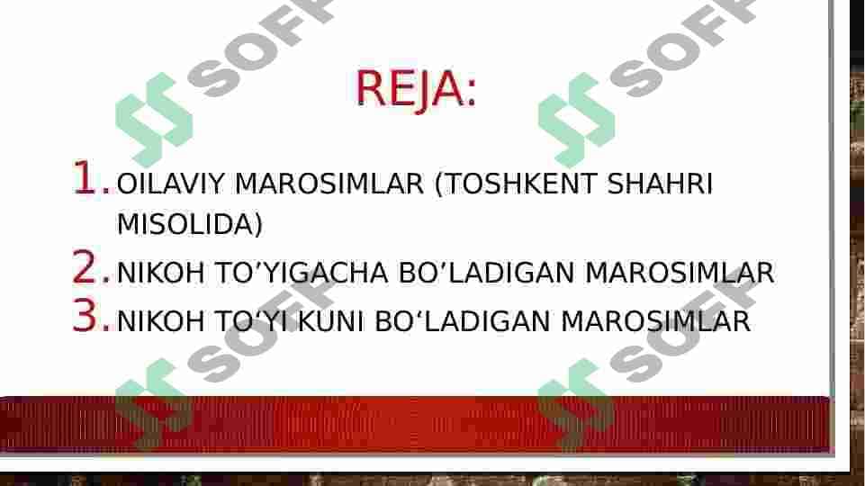 Oilaviy maishiy marosimlar: To'y marosimlari-nikoh to'yi,to'ylarni o'tkazish bilan bog'liq bo'lgan an'ana hamda marosimlar. 2