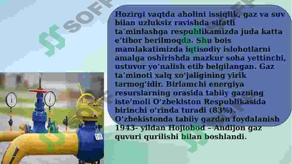 “Gaz ta’minoti tizimlari” faniga kirish        O‘zbekiston Respublikasida gaz ta’minoti tizimlarining rivojlanishi. Gaz ta’minoti tizimlarini loyihalash, qurish va ulardan foydalanishning asosiy muammolari. 2