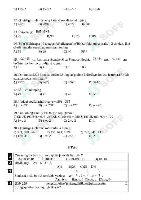 Matematika fanidan testlar 2
