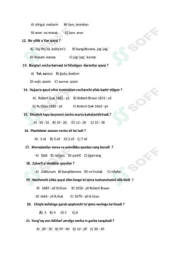 Maktab darsligi 5 - sinf Botanika fanidan test savol - javoblari 2