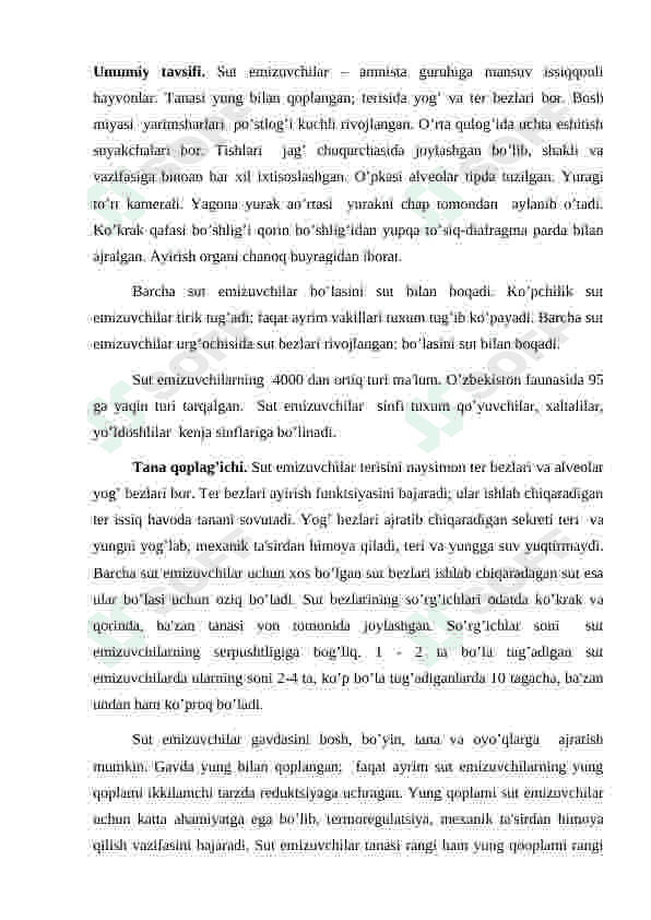 Sutemizuvchilarning  tashqi tuzilishi va anatomiyasi 2