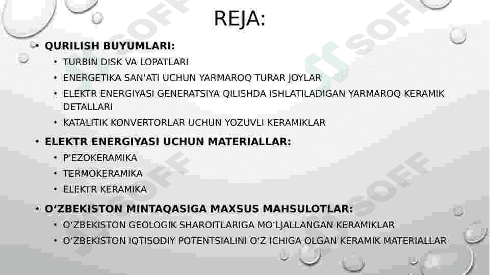 Energiya samarador keramik qurilish materiallari va buyumlari nomenklaturasi. Oʻzbekistonda ishlab chiqarish koʼlami 2