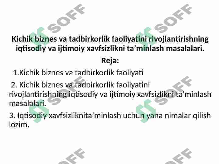 Kichik biznes va tadbirkorlik faoliyatini rivojlantirishning iqtisodiy va ijtimoiy xavfsizlikni taʼminlash masalalari. 2