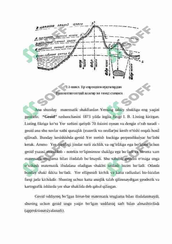 Geod, Yer yellipsoidi, referens ellipsoid). Geodeziyada proyeksiyalash usullari. Joydagi nuqtalar balandligi. Yer egriligini (sferikligini) gorizontal va vertikal masofalarga ta’siri. 2