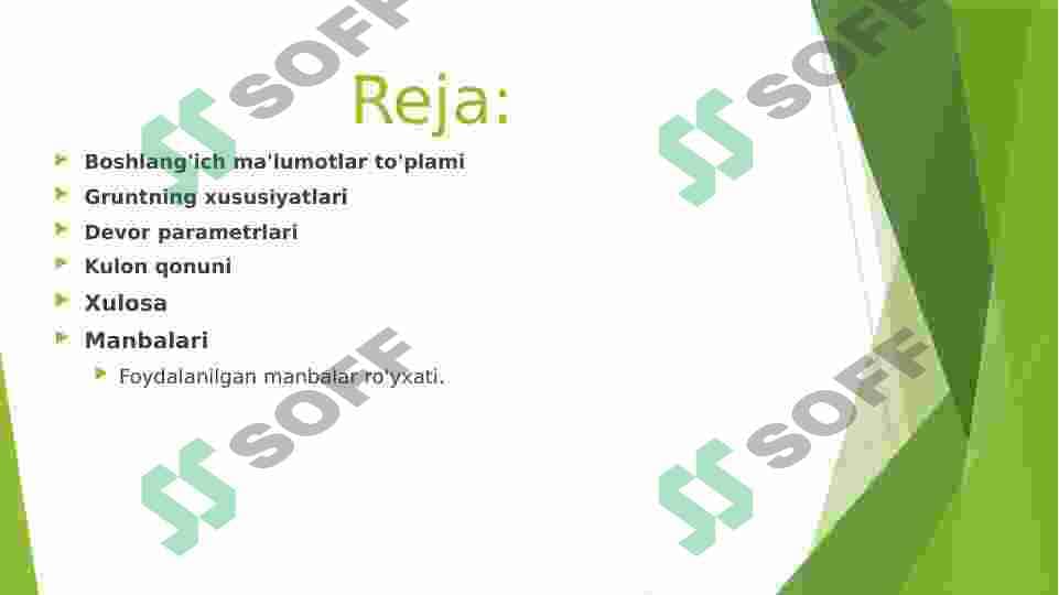 Tirgovich devorlarga nisbatan grunt bosimini analitik usul yordamida aniqlash (Kulon qonuni). 2